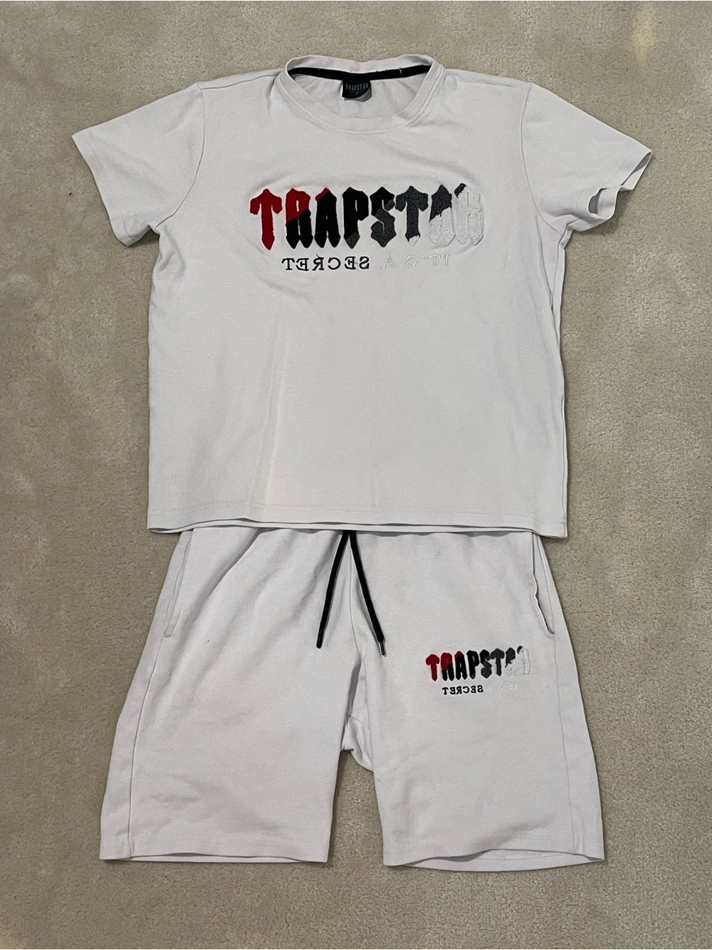 Kids White Short-Sleeve Pajama Set with Red & Black Logo - Trapstar